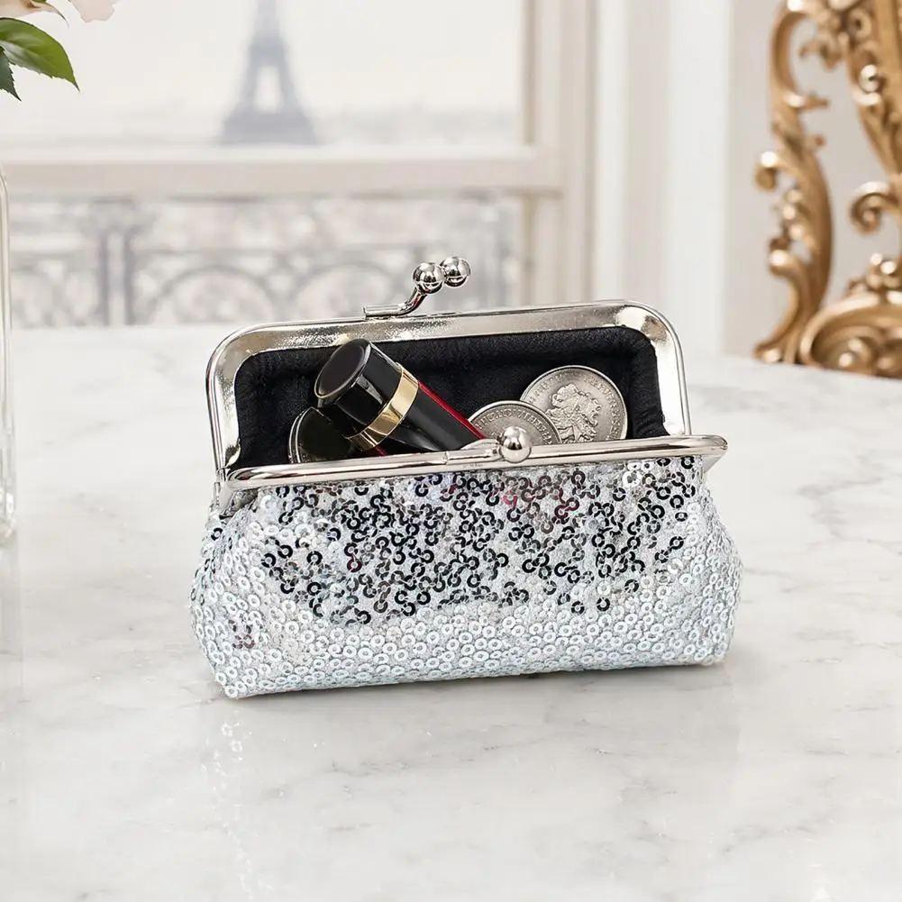 Women Coin Purse, with Metal Hinge And Kiss-lock Design Mini Wallet with Sequined Glitter Vintage Pouch for Coins Cards Lipstick