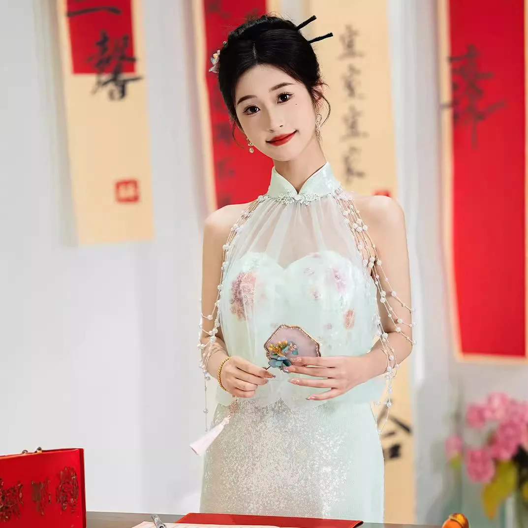 Morning Gowns Toast Clothing Improved Stand Collar Shoulder Tassel Engagement Retro Style Halter Slim Fit Cheongsam Formal Dress