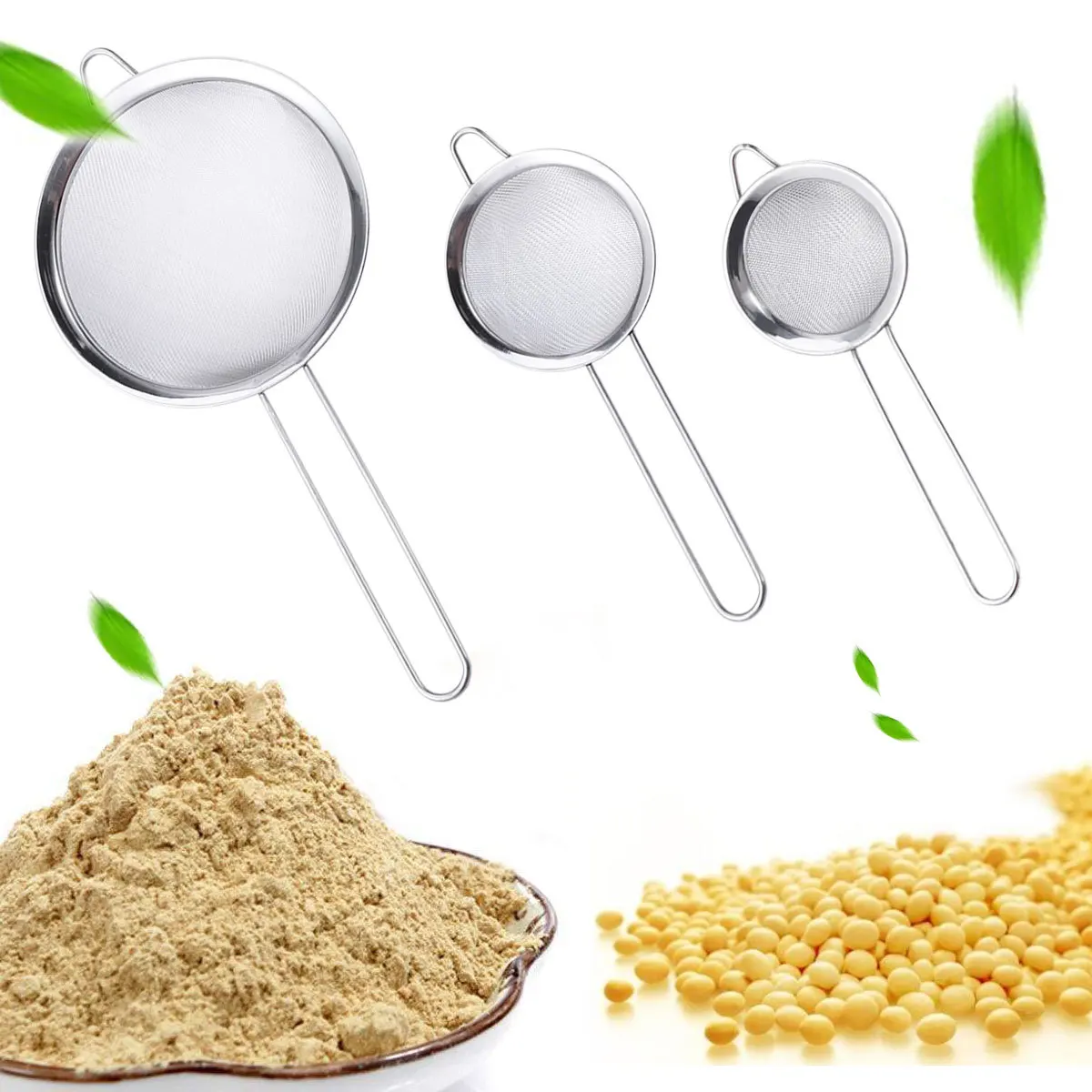 

3Pcs Stainless Steel Mesh Food Strainers Stackable Kitchen Colanders Long Handle for Straining Soup Dry Ingredients Useful
