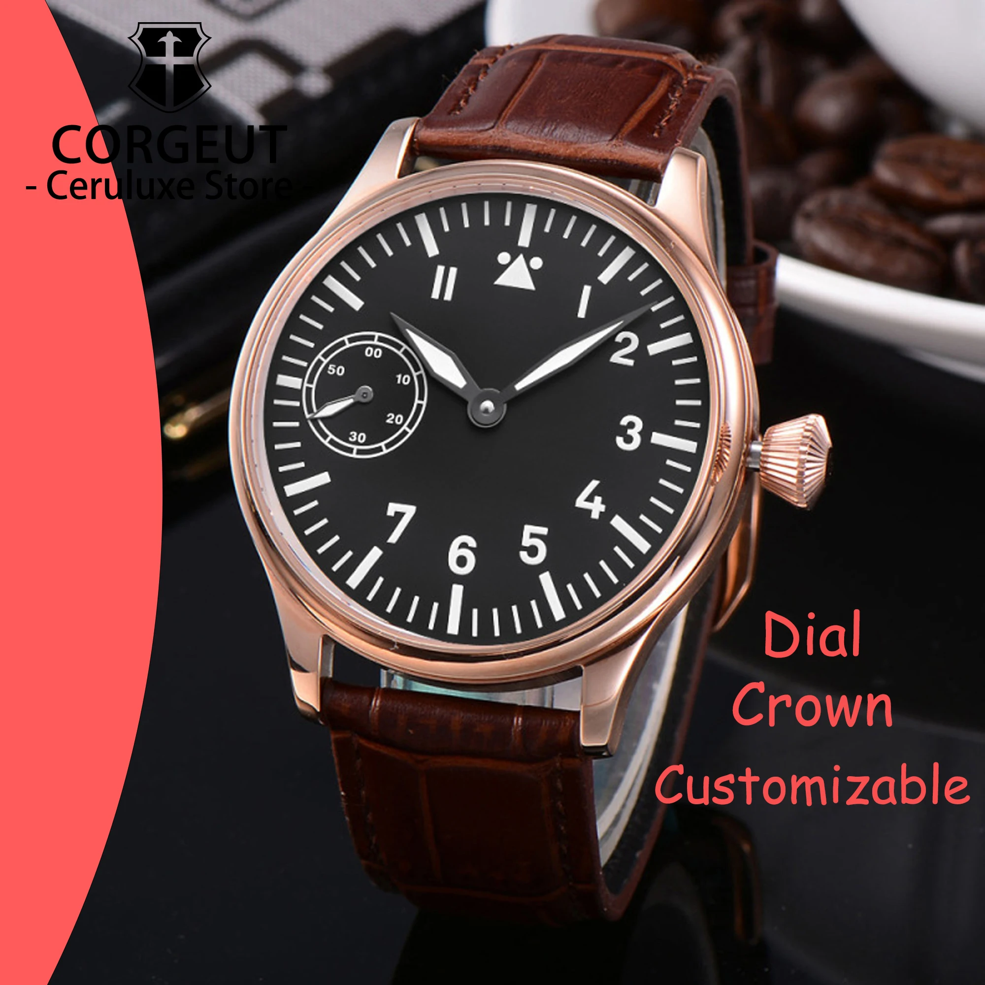 

Custom Logo Diy 44mm Dial ST3600 Luminous Hand-wound Mechanical Watches For Man Leather Strap Field Man Watches