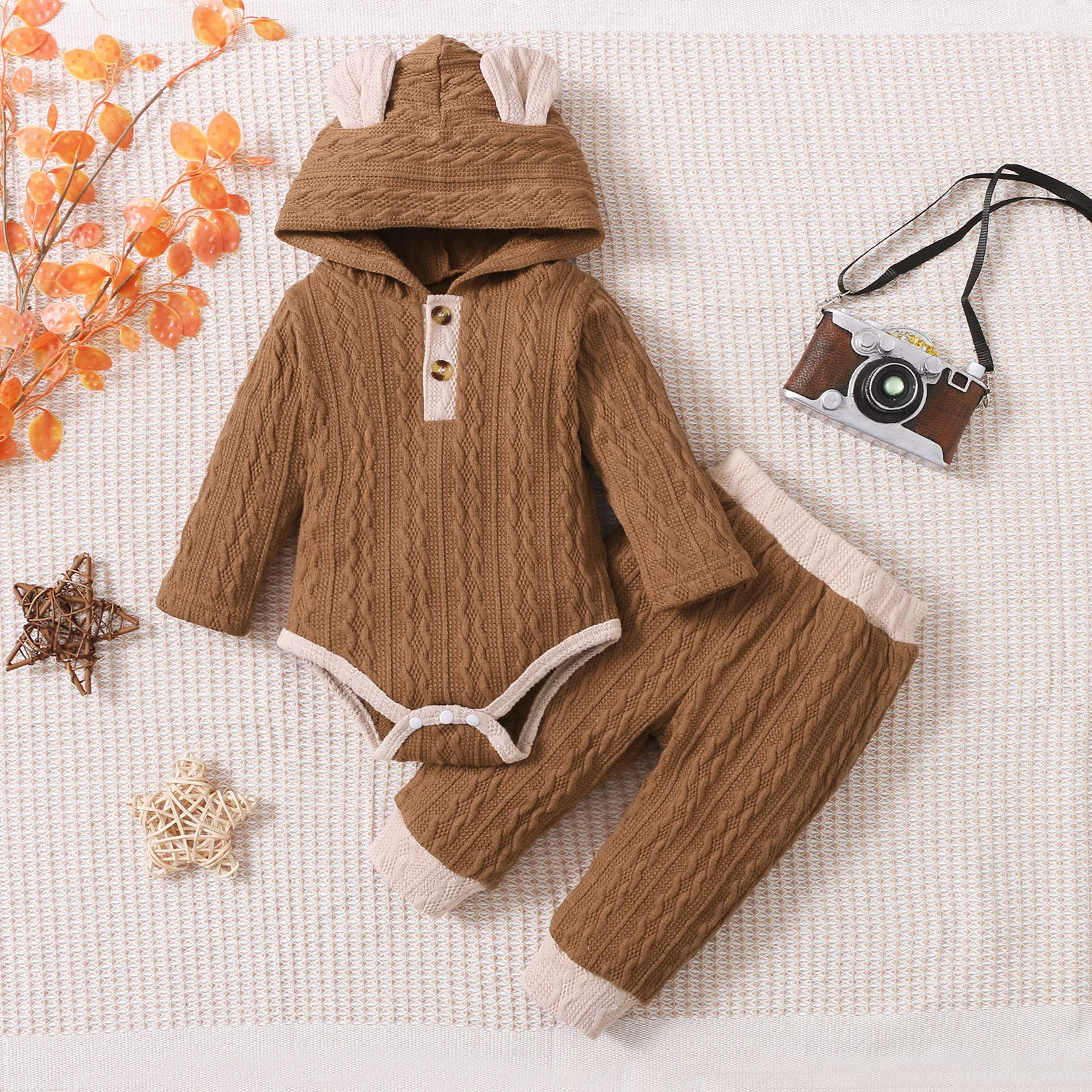 Newborn Infant Baby Girls Clothes Sets Solid Knitted Hoodded Bodysuit+Pants Sets 3pcs Boys Girls Clothing Sets 3 6 12 18 Months