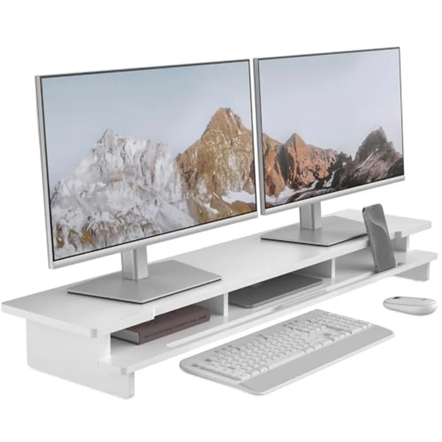 Dual Monitor Stand Riser for Desk Wood Desk Shelf Storage Organizer with Phone Tablet Holder 42.5 Inch White