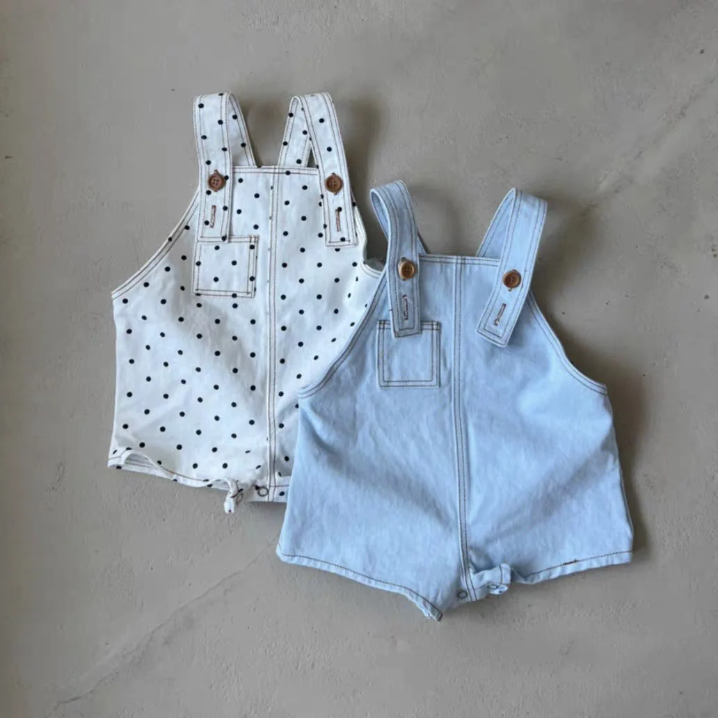 

2025 Summer New Baby Loose Denim Overalls Boys Casual Jeans Cotton Soft Girls Polka Dot Strap Shorts Infant Toddler Jumpsuit