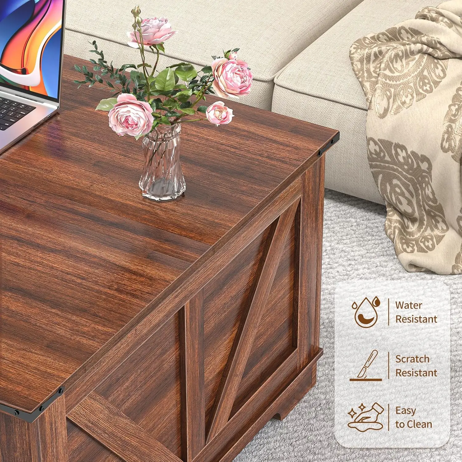 طاولة قهوة قابلة للرفع مقاس 31.5 بوصة مع مساحة تخزين، طاولة مركزية للمزرعة مربعة بنية ريفية لغرفة المعيشة والمساحات الصغيرة