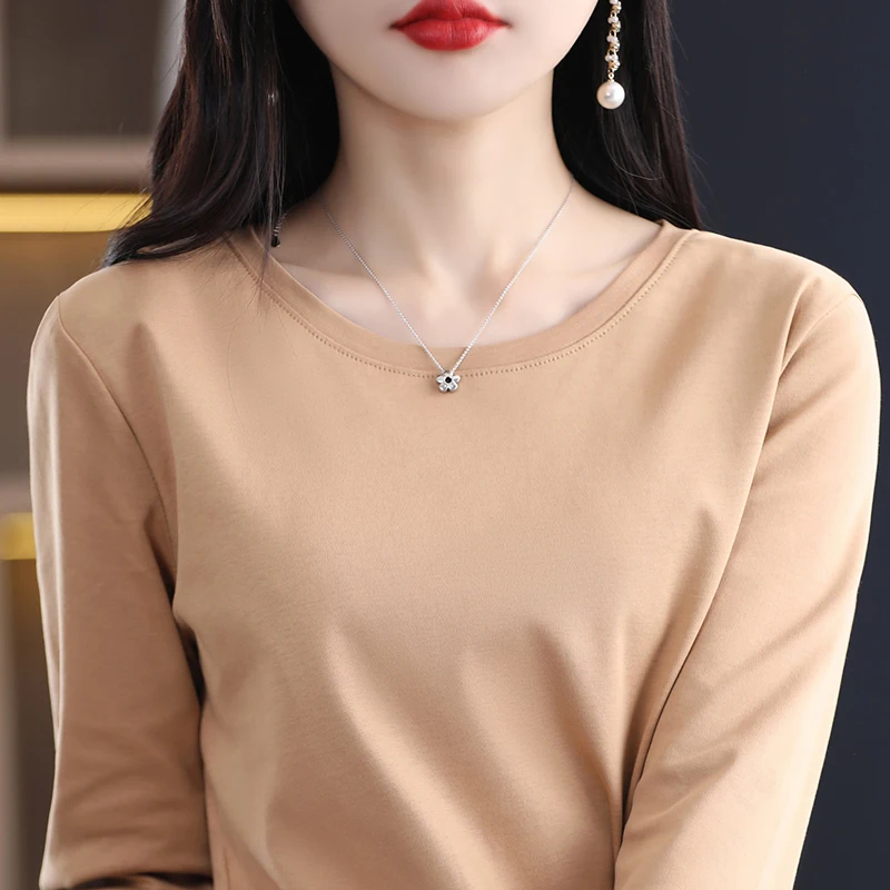 2023 Spring/Summer New Women's Round Neck Long Sleeve Solid Silk Cotton Round Swing Slim Fit Versatile Women's T-shirt Top