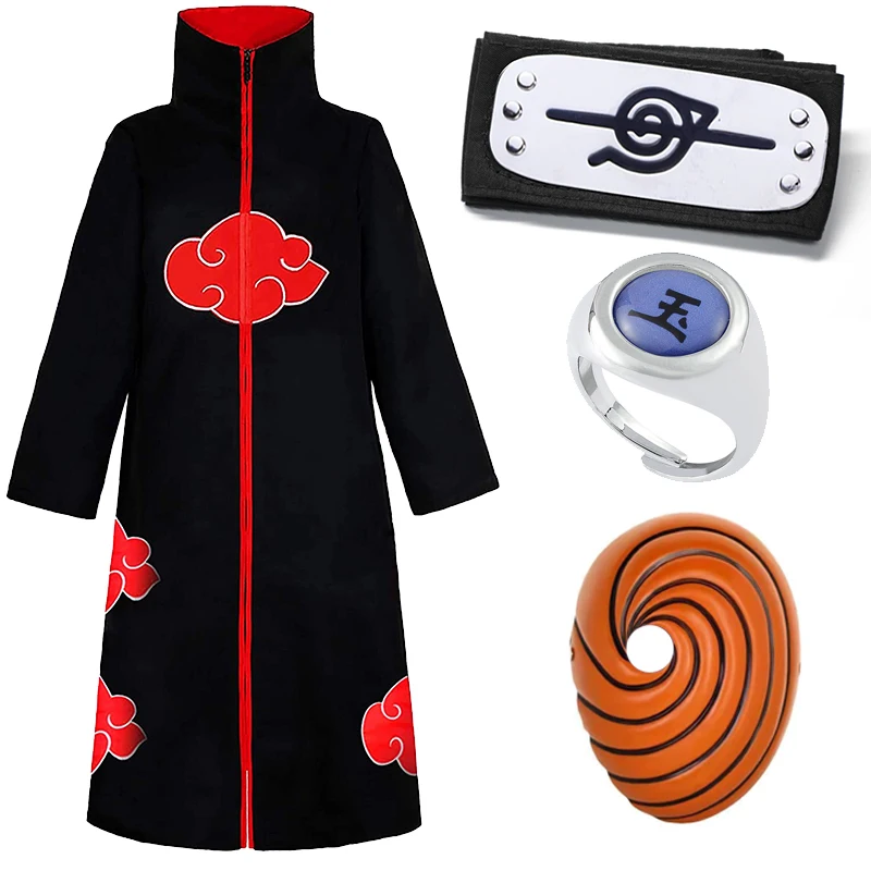 Naruto Akatsuki คอสเพลย์เครื่องแต่งกายชุดเด็กผู้ใหญ่ขนาดอะนิเมะ Uchiha Itachi Tobi Cos Props เสื้อคลุม Headbands แหวนหน้ากากอุปกรณ์เสริม