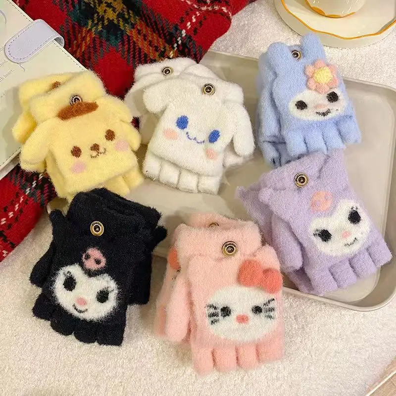 Sanrio Hello Kitty Gloves Anime figure Kuromi Cinnamoroll Pachacco Plush Flap mitts Cartoon Kawaii Warm Half Finger Glove Winter