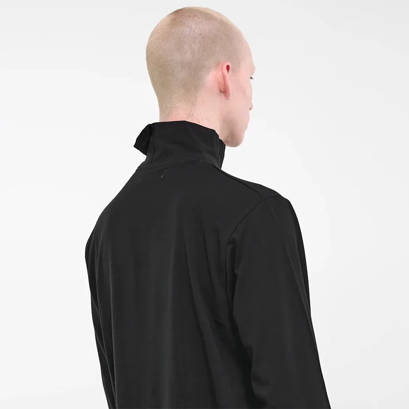 YOJI OOAK التصميم الأصلي الوقوف طوق أسود طويل الأكمام قميص بولو طية صدر السترة بلوزة كاجوال زر تي شيرت للرجال #4