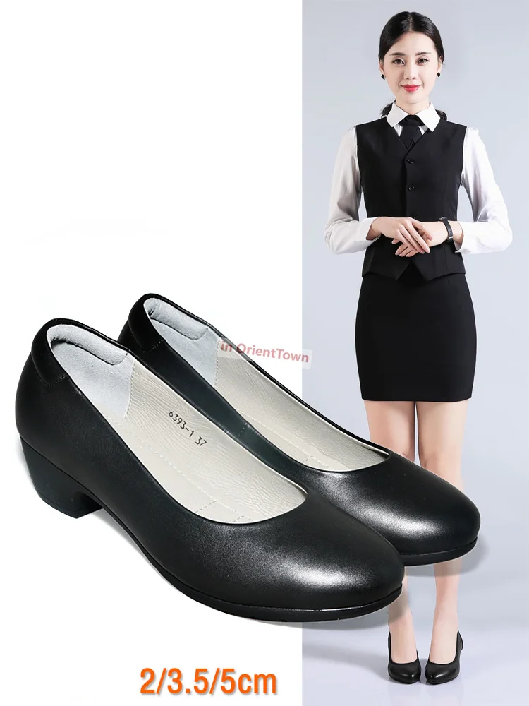 Flight Attendant Work Shoes Women\'s Comfortable Soft Soles Black Middle Heels Airline Stewardess Professional Real Leather Shoe