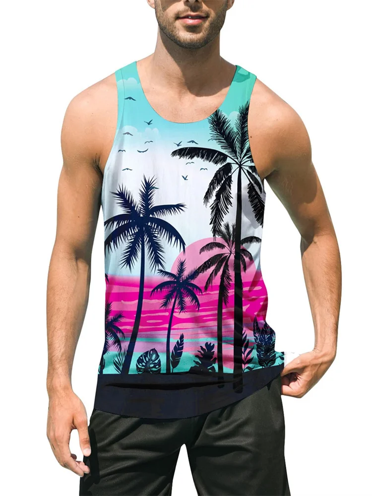 

Summer Hawaii Vacation Men's Vest Outdoor Fashion Coconut Print Crew-Neck Vest Breathable Exercise Fitness Plus Size Loose Vest