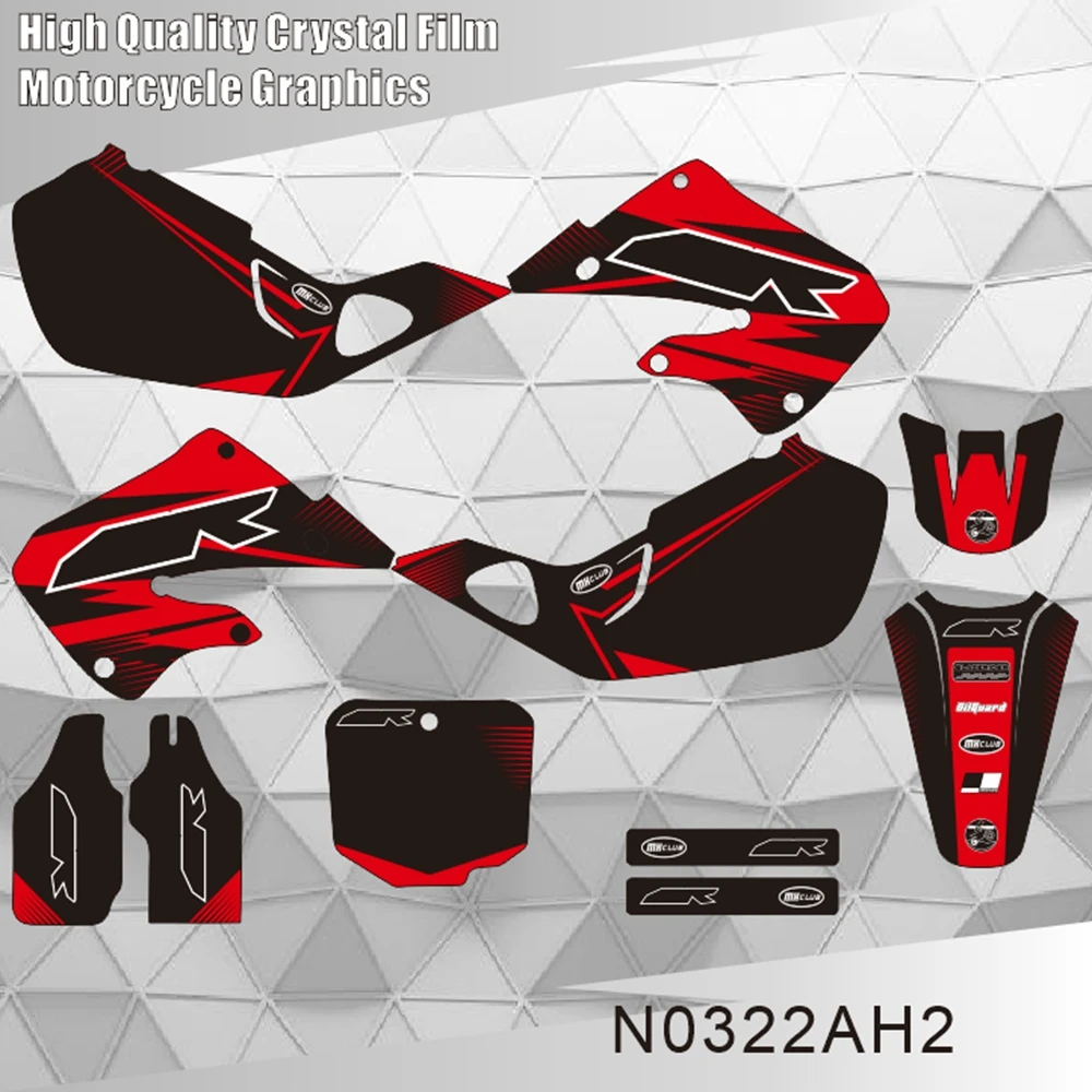 Grafika, naklejki, kalkomanie na motocykl Honda CR 125 1998 1999 CR 250 1997 1998 1999, pełny zestaw, tło, własny numer N0322AH