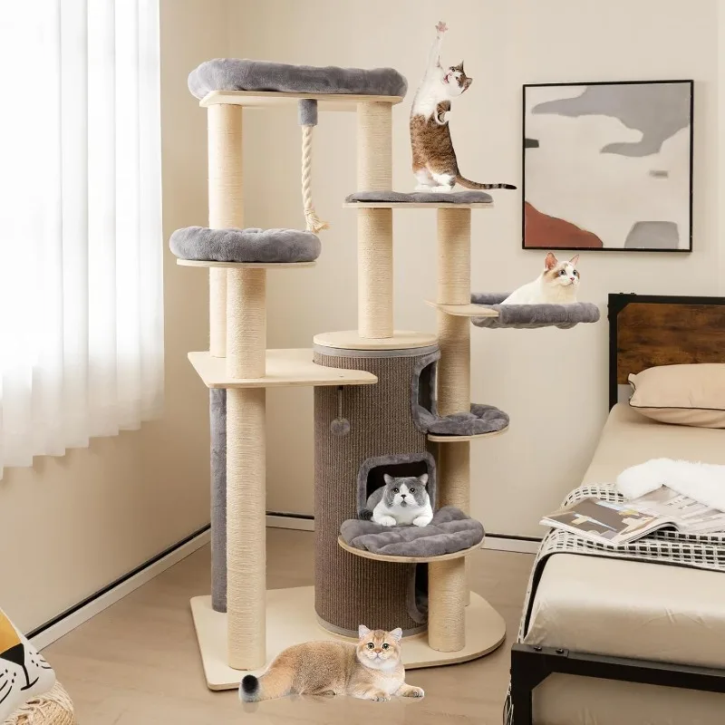 67 Inch Multi-Level Tall Cat Tree, 3-Story Cat Condo with Top Perch, Hammock, Sisal Scratching Posts, Spring Ball