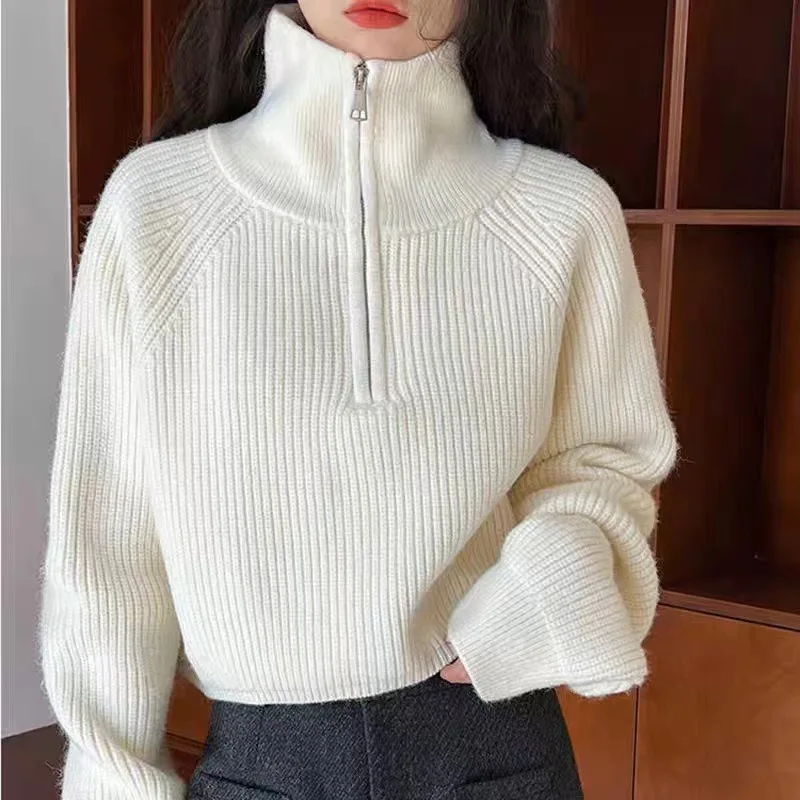 Quarter Zip Knitted Sweater Semi-turtle Neck Slim Zipper Pullover Long Sleeve Crop Jumper Women Girl Fall Winter Outfits