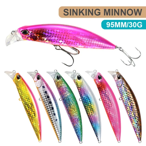 Señuelos de pesca de 9,5 cm y 30g, pececillo que se hunde, Wobbler, cebo duro Artificial de fundición larga y pesada, Jerkbait, accesorios de pesca, señuelo MN622