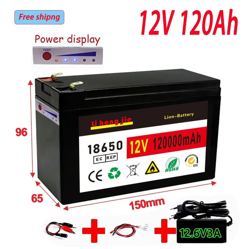 18650 12v 120Ah 120000mAh lithium battery for solar energy built-in high current 30A BMS electric vehicle battery +12.6V charger