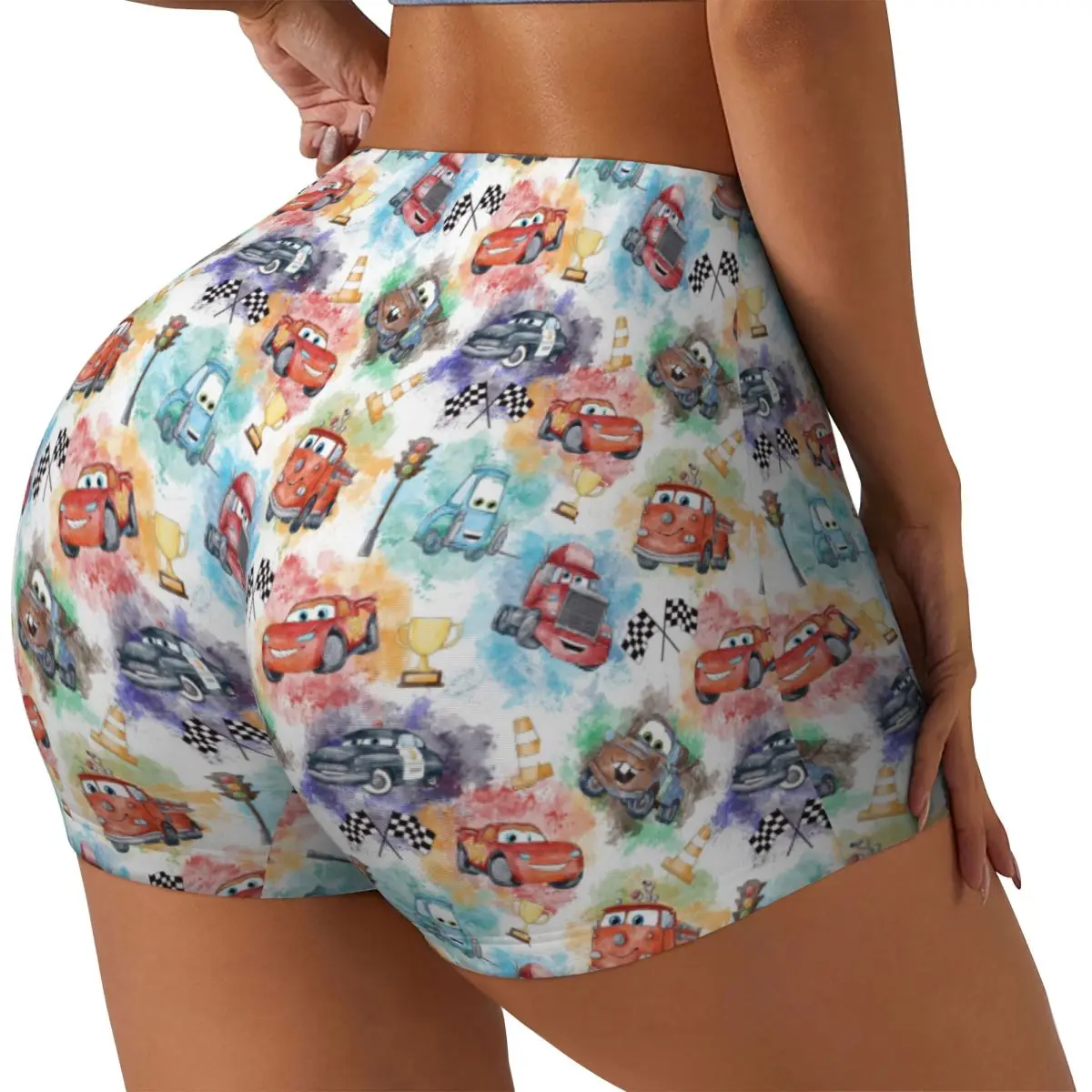 Custom Cartoon 95 Racing Cars Kingdom Animation Pattern Biker Running Gym Shorts Women Athletic Workout Yoga Shorts