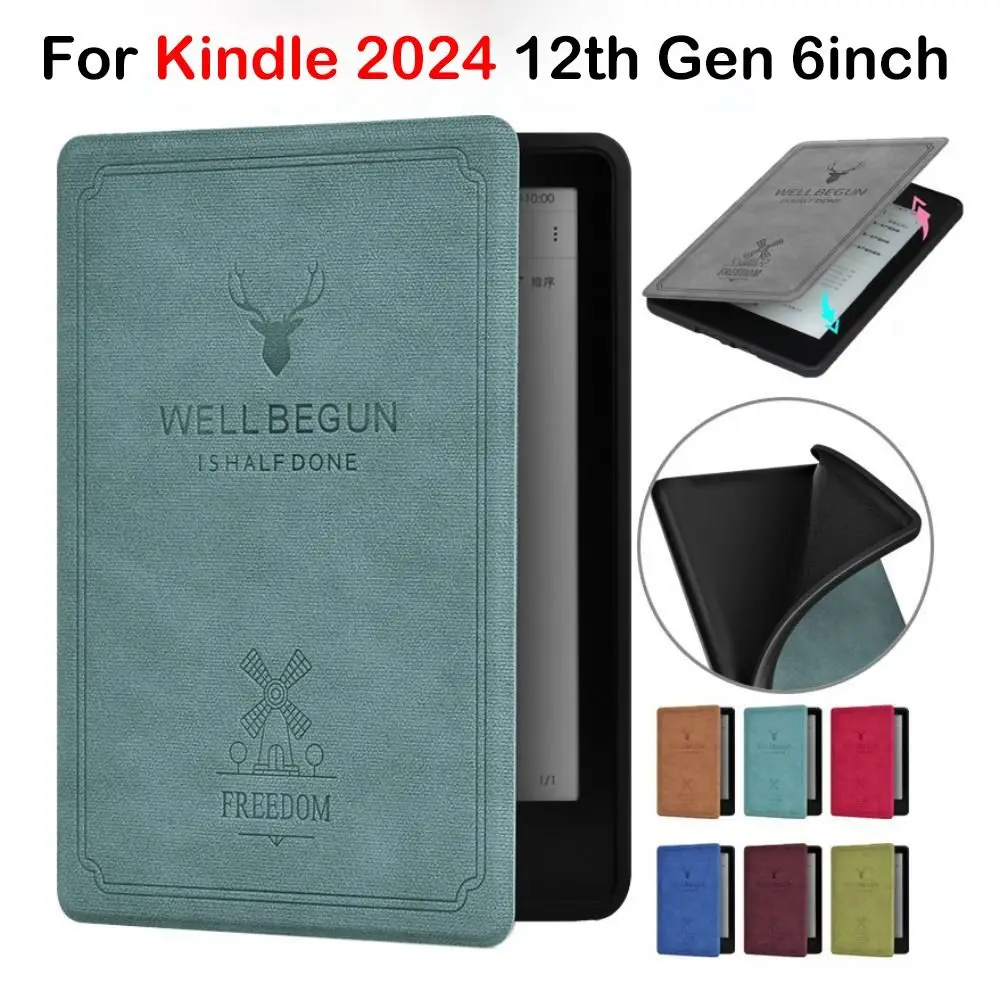 

Elk Printing 6 Inch E-Reader Case Auto Sleep/Wake Anti-scratch Folio Funda Shockproof PU Leather for Kindle 2024 12th Gen