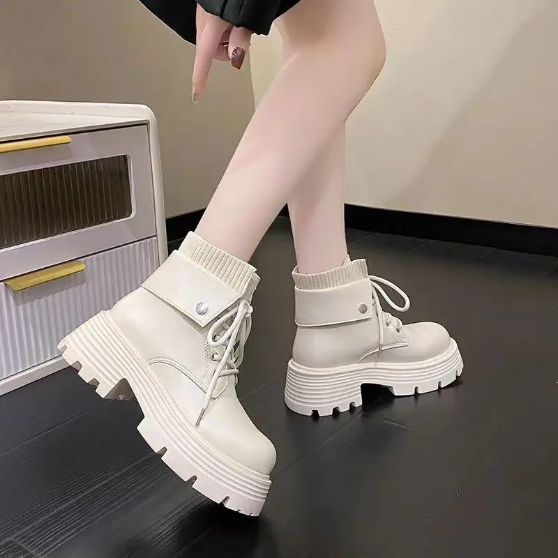 

Ankle Boots for Women Plain British Style Height Increasing Booties Combat Hot Designer Luxury Footwear Y2k Pu Woman Short Shoes