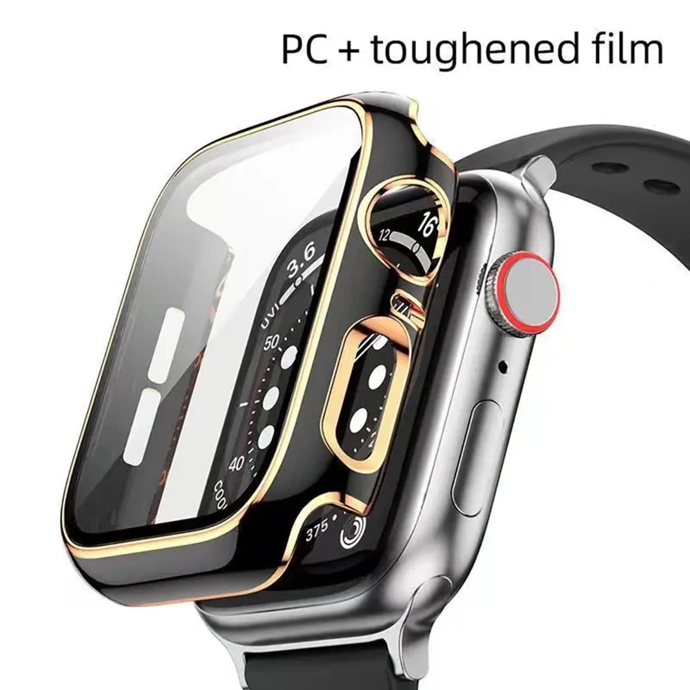 Electroplated PC Shell + Tempered Film for Apple Watch Series Black and Rose Gold Two-tone One-piece Watch Case