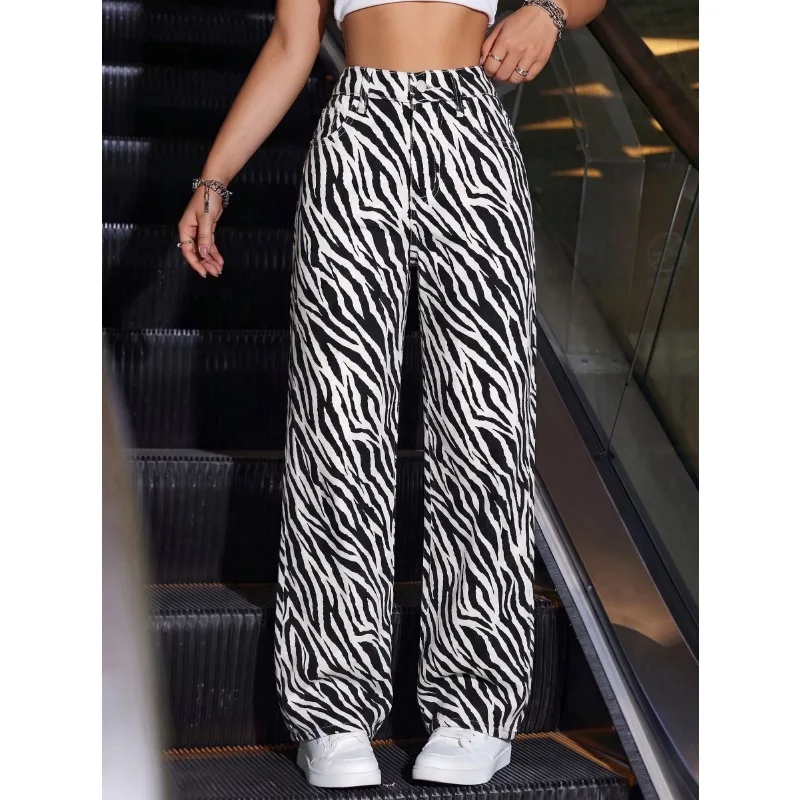 OIQERE Women Zebra Print Denim Long Pants High Waist Wide Leg Jeans Trendy Slimming Casual Trousers For Outdoor Daily Wear