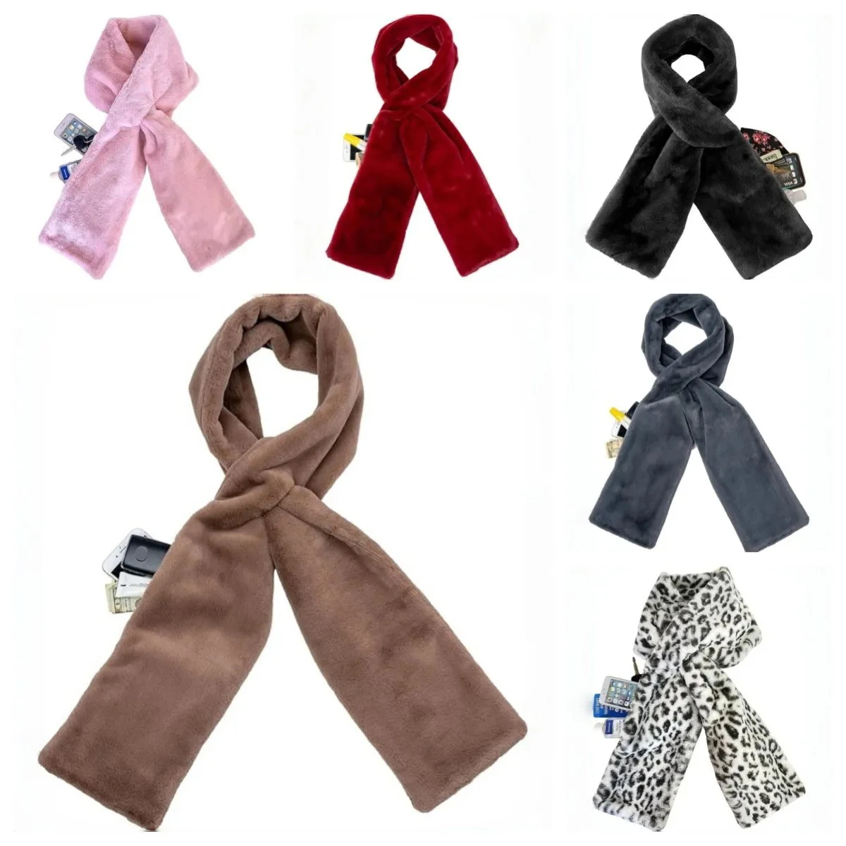 

Прочный шарф из искусственного меха с карманом на молнии. Женский зимний шарф из искусственного меха с потайным карманом на молнии для мобильного телефона.