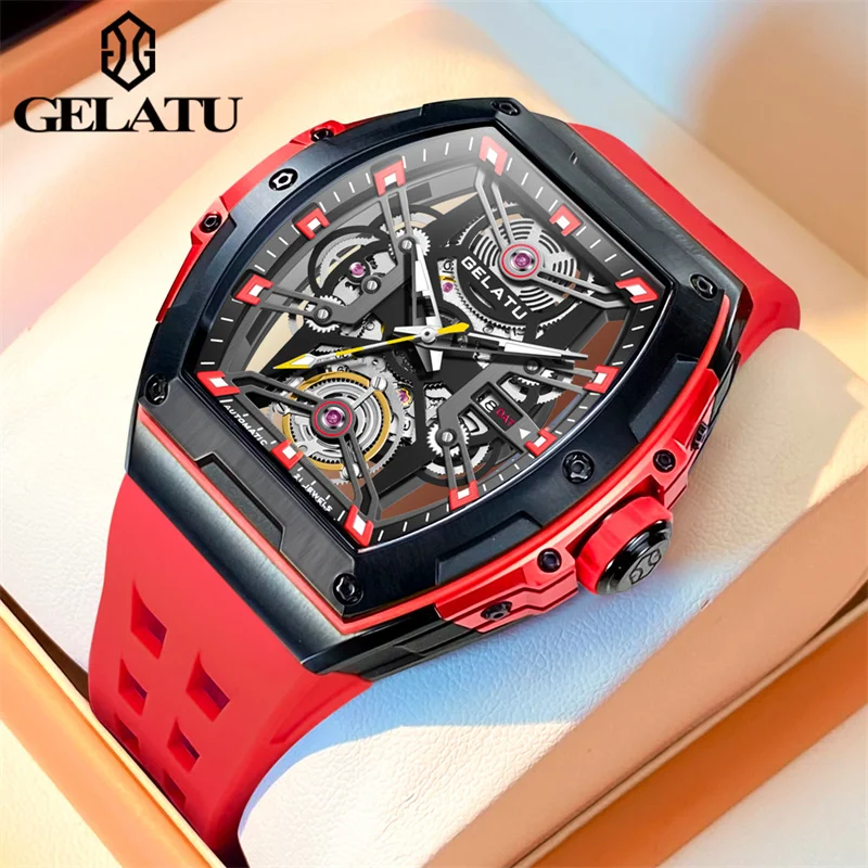 GELATU Men\'s Watch Tonneau Case Sapphire Glass Waterproof Automatic Mechanical Watch For Sporty Elegant Men Reloj Hombre