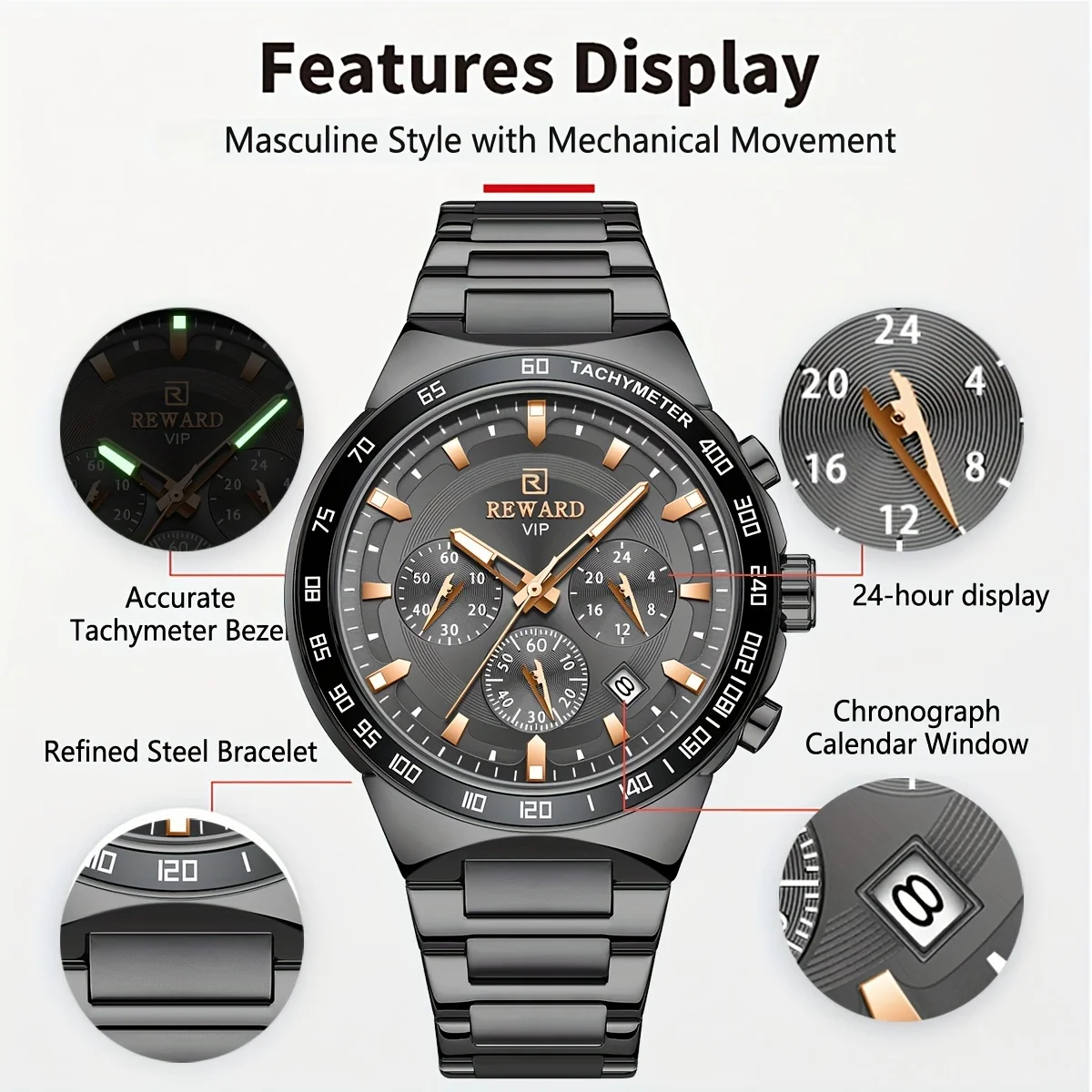 Reward Hot Sale REWARD VIP black Quartz Watches for Men Sport Chronograph Luminous Waterproof Wrist Watches Stainless Steel Wris