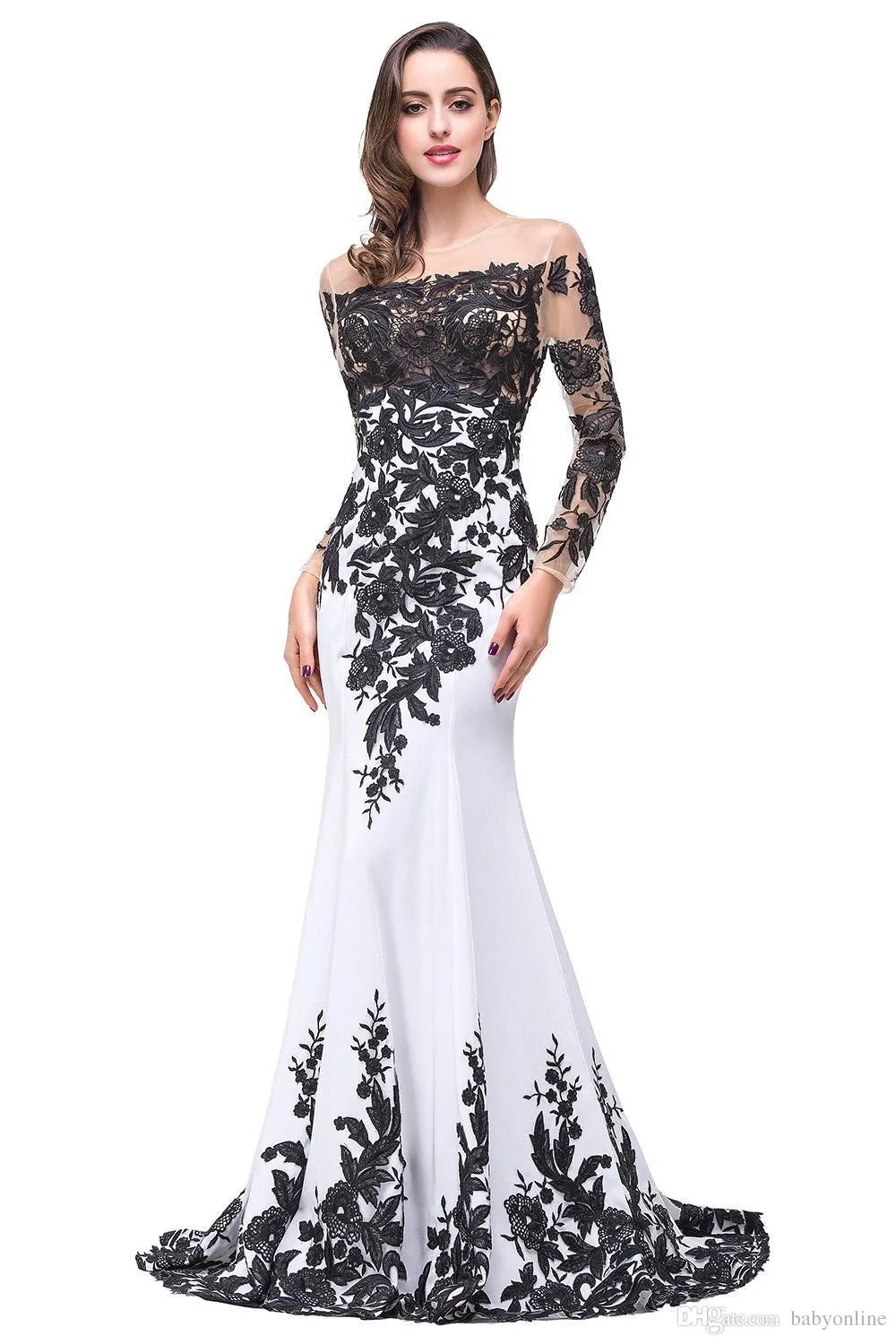 CC 2023 New Long Sleeve Mermaid Evening Dresses Appliques Black Lace Sweep Train Formal Party Dress for Women Prom Gowns