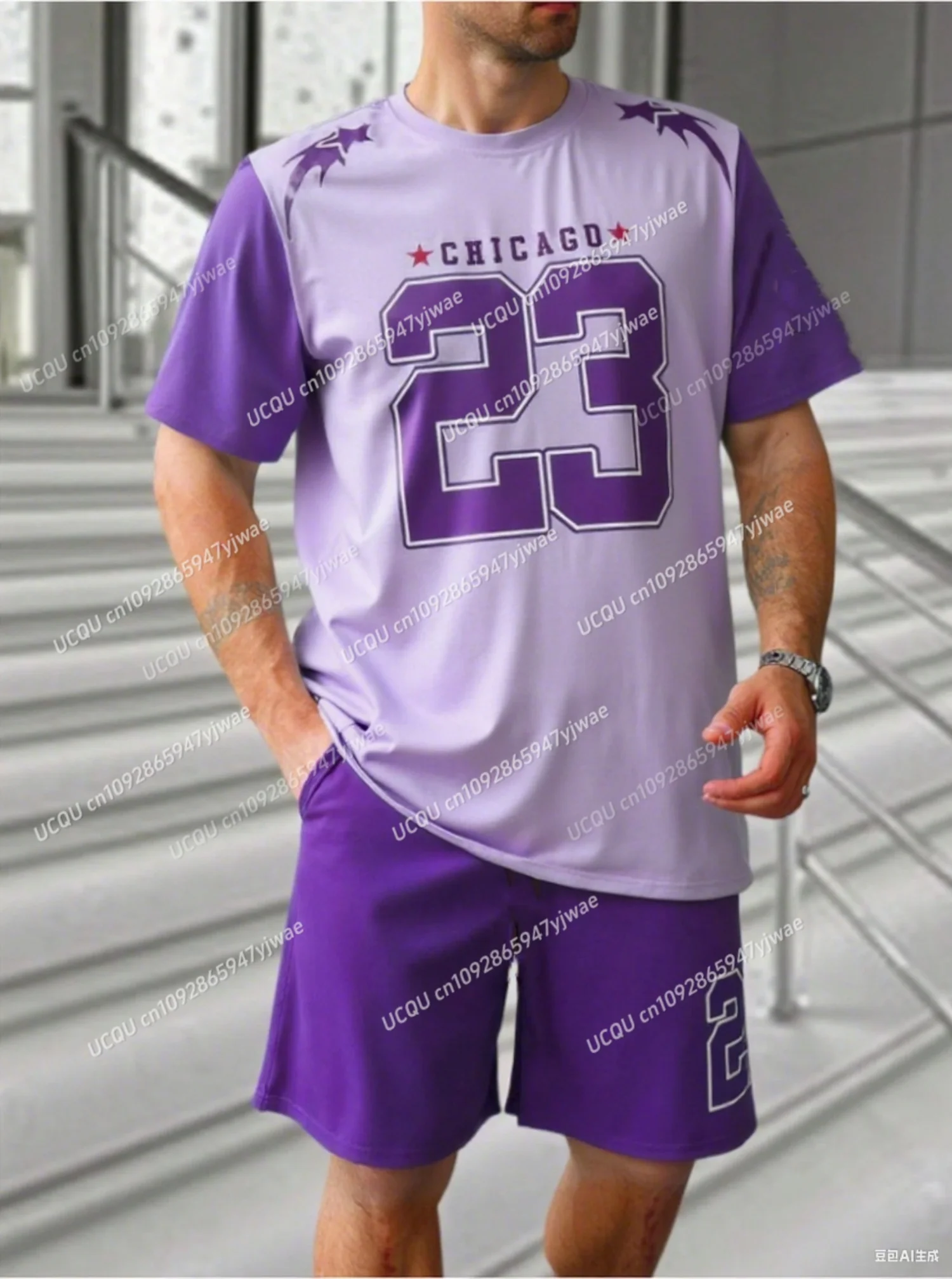 2025 Summer Color blocked Chicago No.23 Men's Tracksuit 2 Pieces Set Casual Sport T-Shirt Shorts Set Men's Jogging Men Clothes