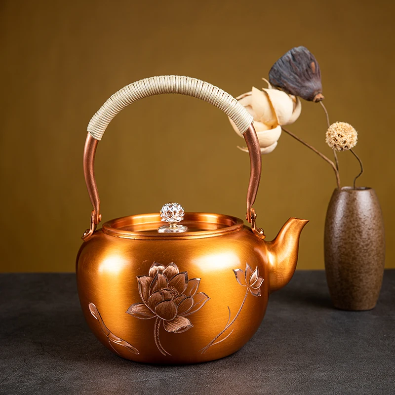 Hand-carved Purple Copper Teapot Chinese Vintage Pure Copper Carvings Boil Water Boiling Teapot Household Kung Fu Tea Set