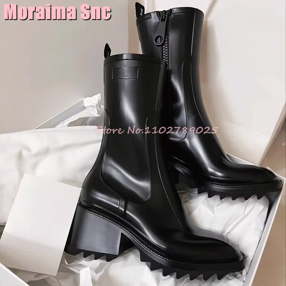 Mixed Colors Square Toe Ankle Boots Block Chunky Heel Metal Button Side Zipper Sexy Fashion Women Autumn Winter Boots Brown 2023