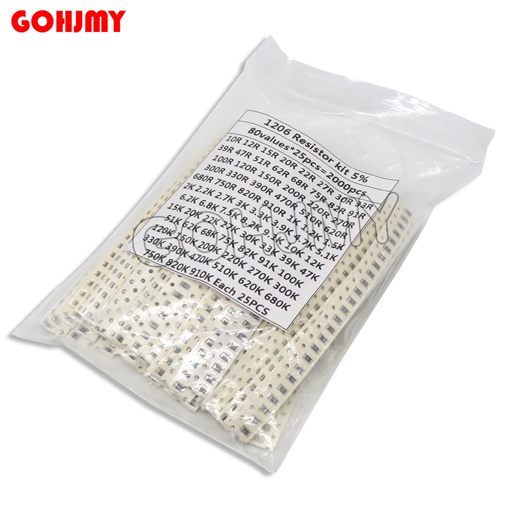 2000PCS 10 ohm-910K ohm 1206 SMD Resistor Kit Assorted set 5% 80values*25PCS SMD Resistors 10K 470/100/680 ohm resistance pack