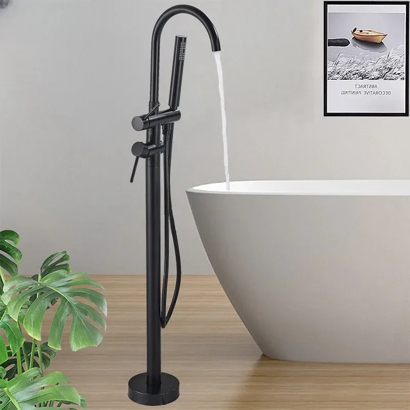 

Bathroom Matte Black Floor Standing Bathtub Faucet Shower 360 Rotation Swivel Spout With ABS Handshower Tap Mixer