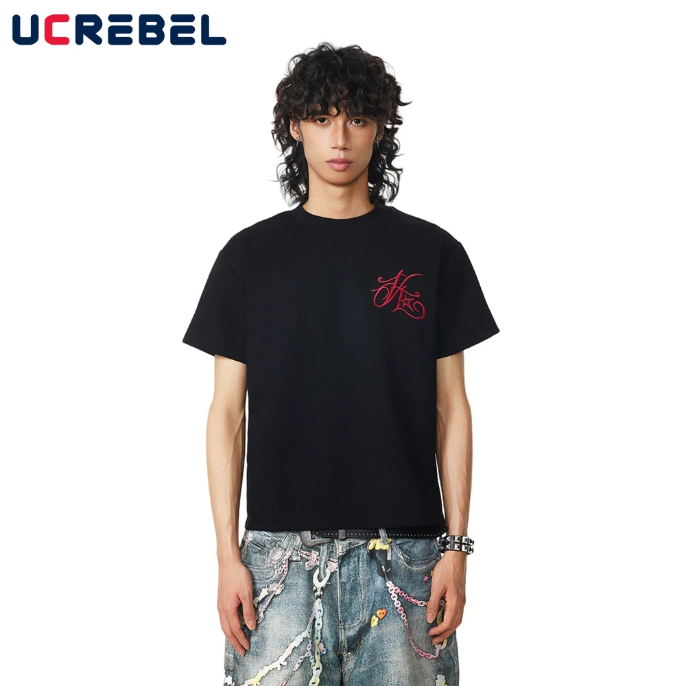 Retro Letter Embroidery Short Sleeve T-shirt Mens Summer High Street Crew Neck Straight Shoulder Tshirt Men Cotton Tee