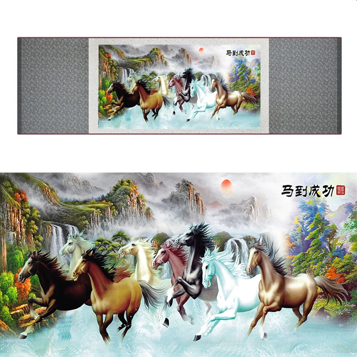 top quality Chinese Horse silk painting  Horse art painting Silk scroll art painting eight horse painting19062814