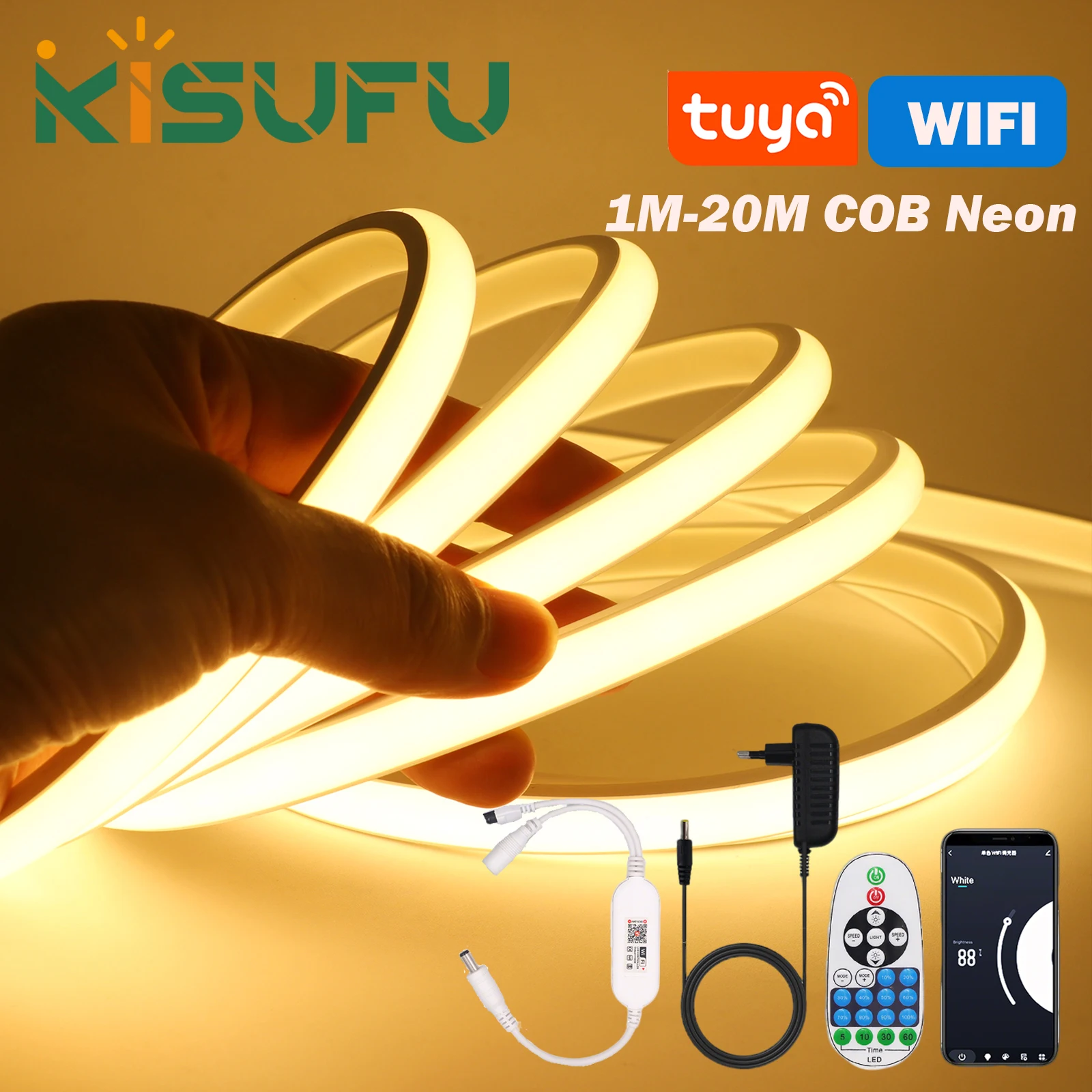 12V 24V Tuya Smart WiFi COB Neon Strip Waterproof 0.5M 5M 10M 20M 320LED/M Flexible LED Tube Tape for Kitchen Cabinet Room Decor
