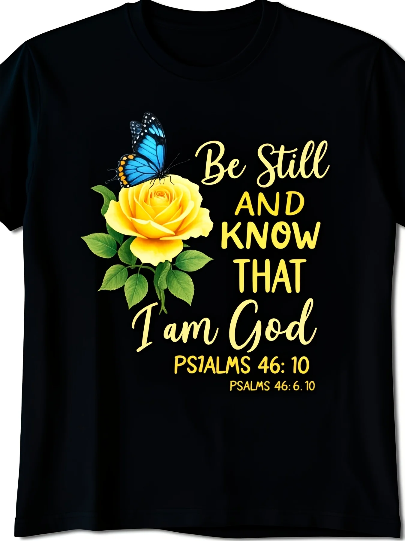 Inspirational Yellow Rose And Blue Butterfly Design Soft Loosefit Collared Casual Christian Unisex Machine Washable Retro Casual Crew Neck Printed T-Shirt