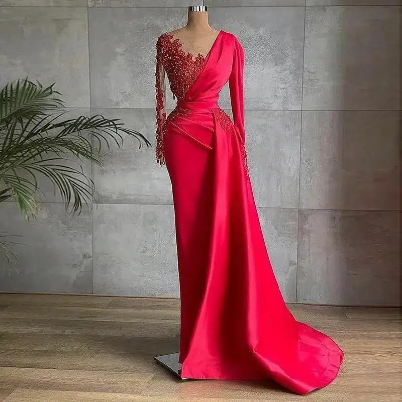 Maßgeschneiderte arabische Satin-Meerjungfrau-Abschlussballkleider mit V-Ausschnitt, Vintage-Stil, lange Ärmel, Abendkleid, Falten, Perlen, Spitze, Dubai, Damen-Partykleider