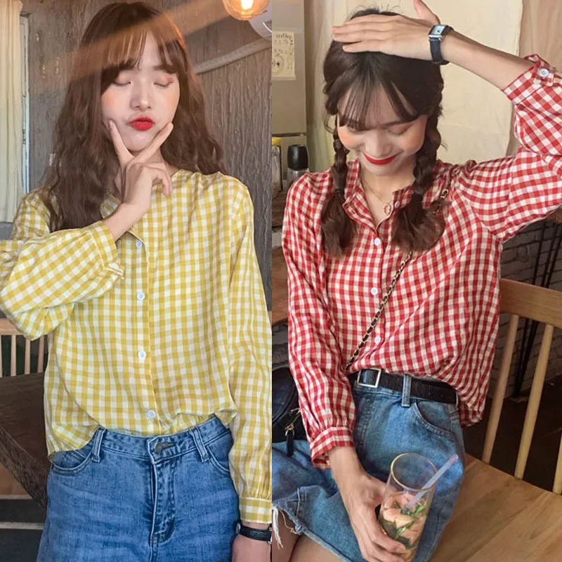 Women Plaid Checked Blouse Long Sleeve Casual Round Neck Loose Shirt Tops Autumn Cotton Clothes