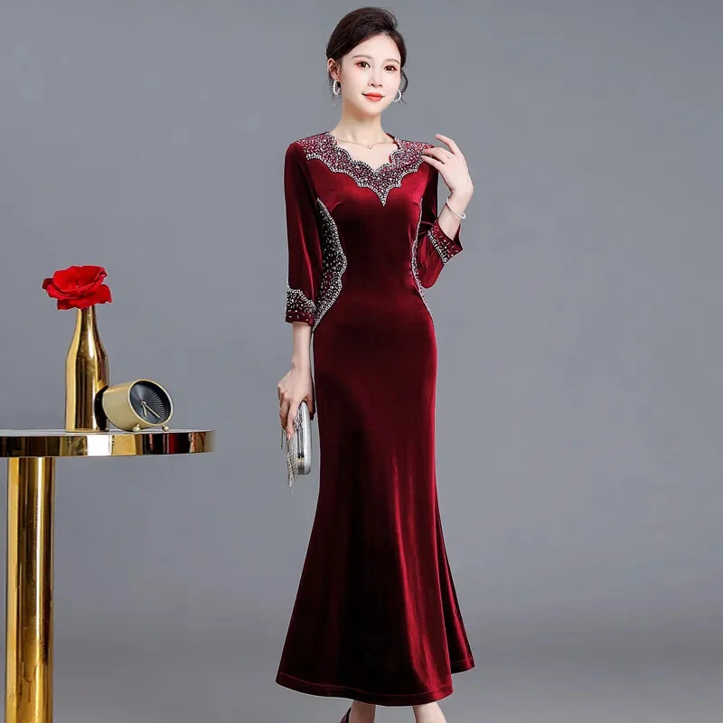 Vintage Diamonds Edding Dress 2025 Spring Attend Wedding Mother Dess Dinner Party Improved Cheongsam Short Sleeve Dresses Lady6X