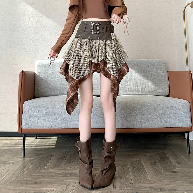 Women Asymmetrical Patchwork Skirt 2026 Vintage Western PU Splice Plaid Mesh Irregular Hem Mini Skirt With Decorative Belt
