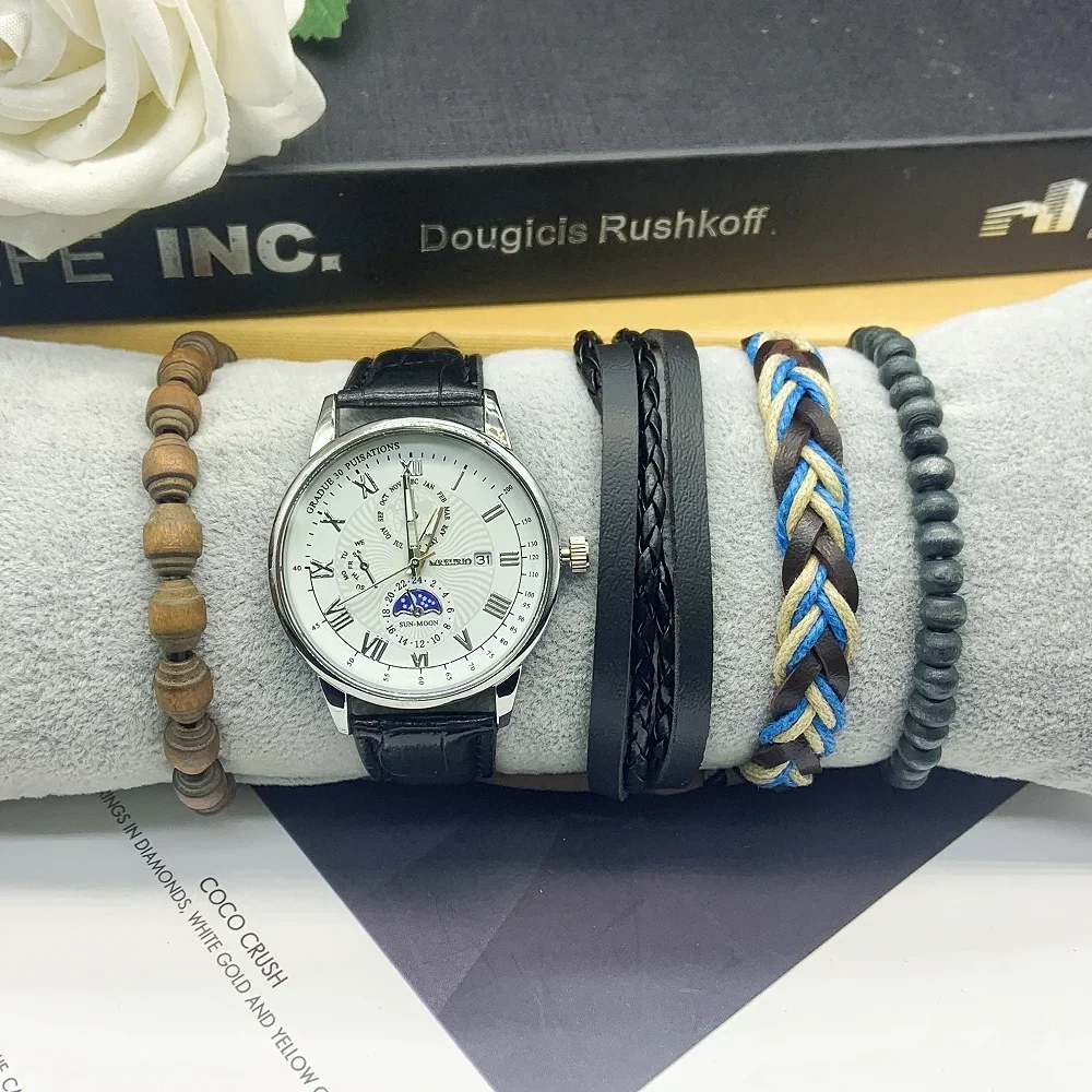 5Pc Heren Echt Quartz Horloge Klassiek Mode Trend Hoogwaardig Temperament Heren Horloge Inclusief Armband Doos Voor Het Bedrijfsleven