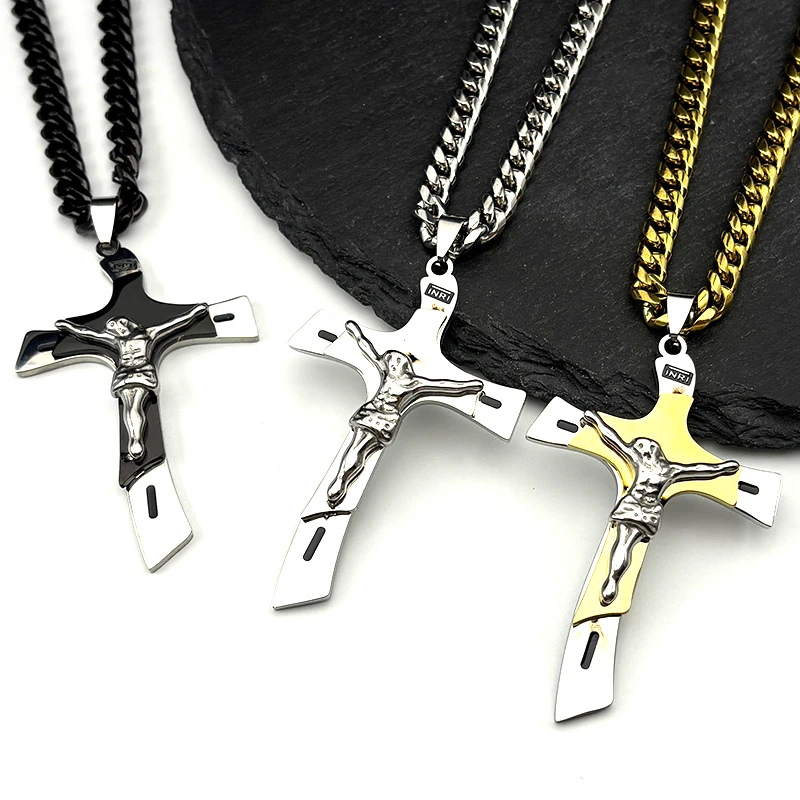 

Big Cross INRI Jesus Crucifix Stainless Steel Double-layer Pendant Necklace for Women Men Gold Silver Color Male Chain Jewelry