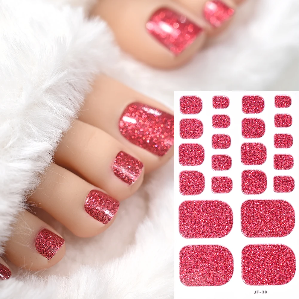 22팁/개 크리스마스 레드 글리터 발톱 스티커 풀 커버 셀프 접착 베이킹 프리 발톱 스트립 즐거운 축제 발톱 랩