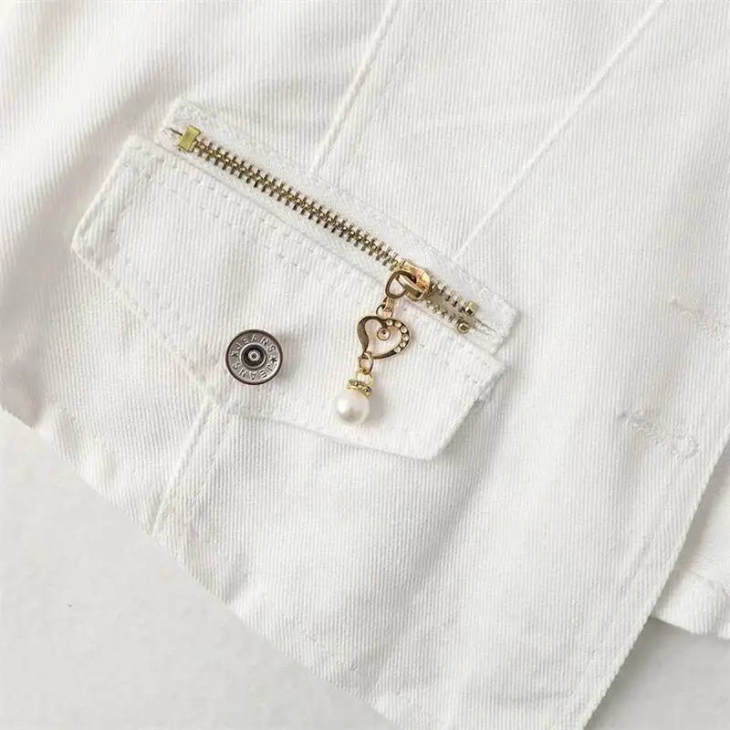 كاوبوي سترة المرأة ربيع الخريف الأبيض سترات الدنيم 2025 جديد معطف قصير موضة سستة جيب أكمام صدرية سترة الإناث #4