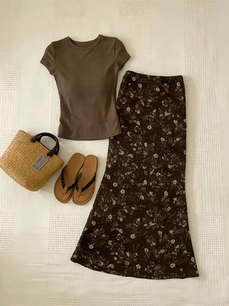

Korean Style Coffee Color Top And Fish Tail Skirt Two-Piece Set Slimming Fashionable Vintage Whole Outfit Student School...