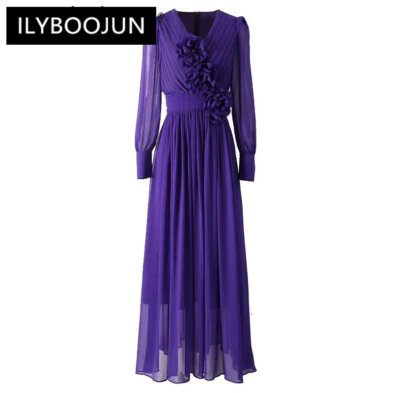 

ILYBOOJUN Fashion Designer Autumn Long Dress Women's V-Neck Lantern Sleeve Crystal Appliques Solid Color Elegant Party Dresses