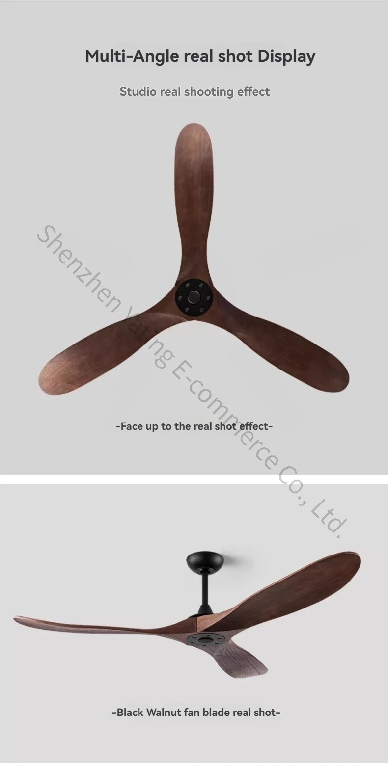 1pc High Wind Ceiling Fan, Retro Frequency Conversion, Unlit, Nordic Solid Wood Remote Control Electric Fan for Living Room