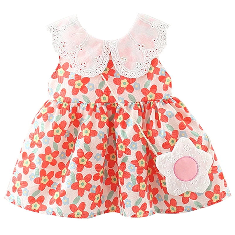 

2Piece Summer Toddler Girls Dresses Korean Cute Doll Collar Flower Cotton Newborn Baby Princess Dress+Bag Kids Clothes Set BC584