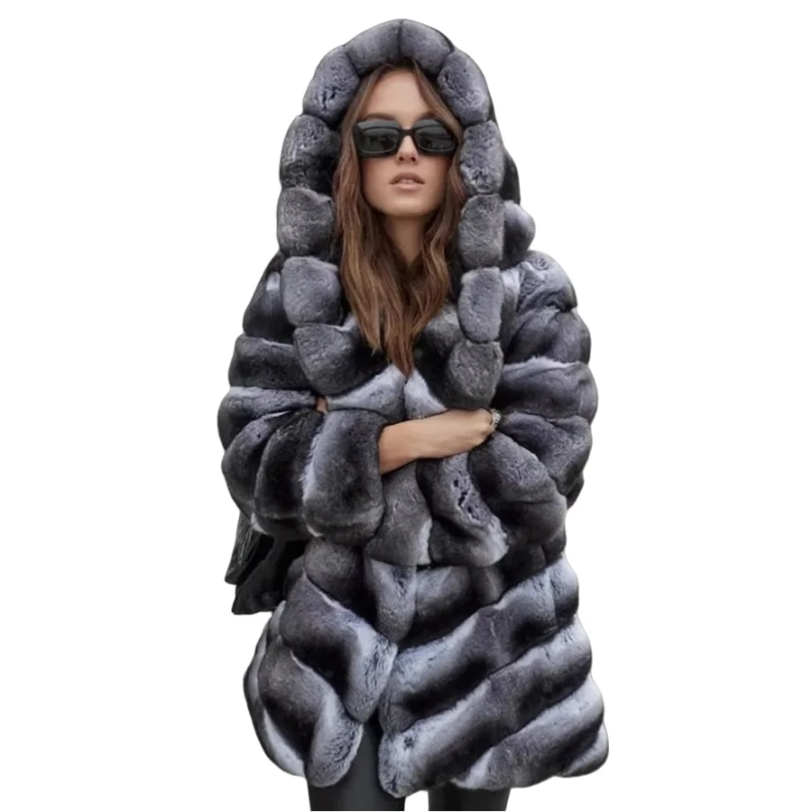 معطف فرو نسائي من فراء شينشيلا معطف فرو أرنب ريكس حقيقي مع غطاء محرك السيارة سترة فرو نسائية شتوية فاخرة